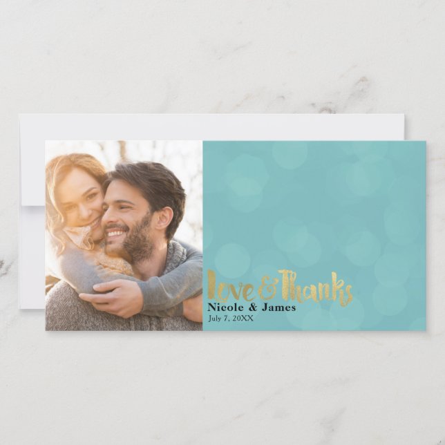 Teal & Gold Wedding Photo Love & Thanks Thank You (Front)