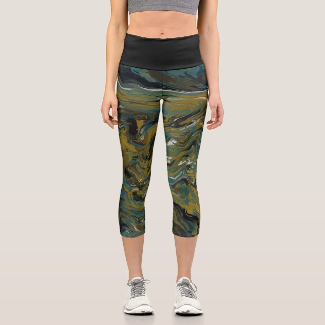 Teal, Gold, White and Black Oils Leggings (Front)