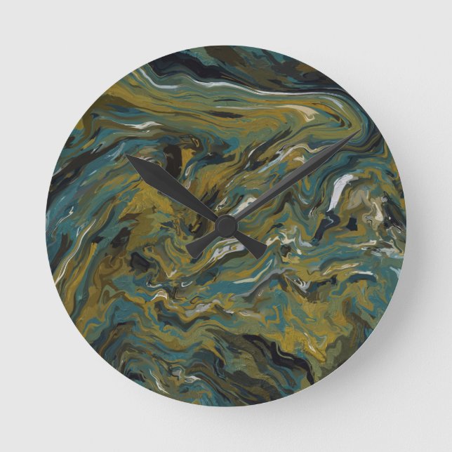 Teal, Gold, White and Black Oils  Round Clock (Front)