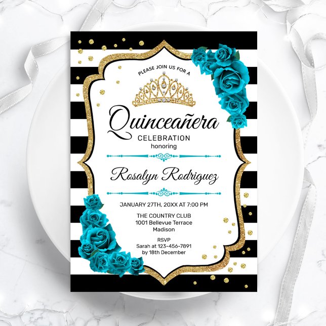 Teal Gold White Quinceanera Invitation (Creator Uploaded)