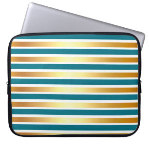 TEAL GOLD WHITE SHINY STRIPES LAPTOP SLEEVE