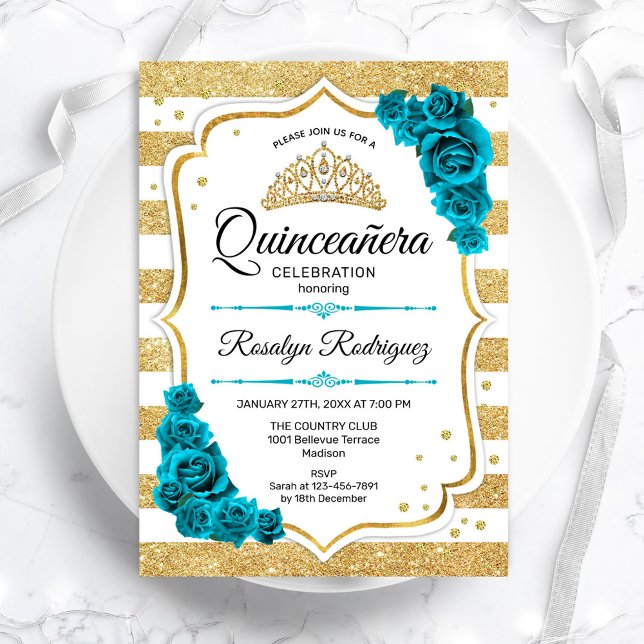 Teal Gold White Stripes Quinceanera Invitation (Creator Uploaded)