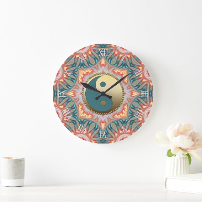 Teal Gold Yin Yang Feng Shui Fire Large Clock (Home)