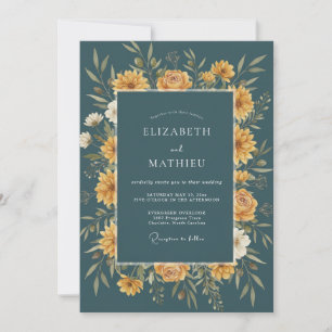 Teal Golden Floral Autumn Wedding Invitation
