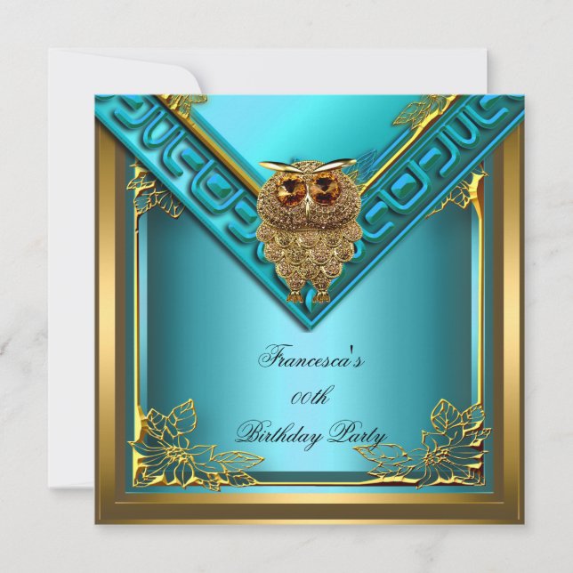 Teal Golden Owl Image Elite Elegant Birthday Party Invitation (Front)