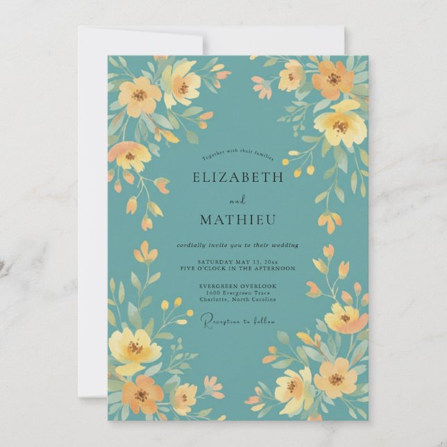 Teal Golden Painted Wedding Invitation (Front)
