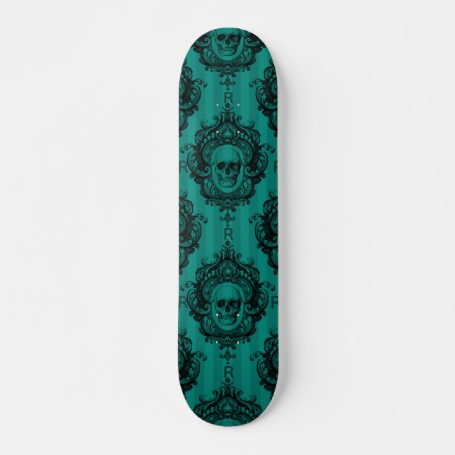 Teal Gothic Skull &Custom Monogram Initial Pattern Skateboard (Front)