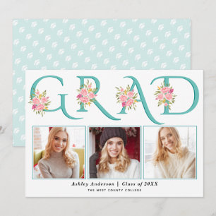 Teal GRAD pink roses photo 2024 graduation Announcement