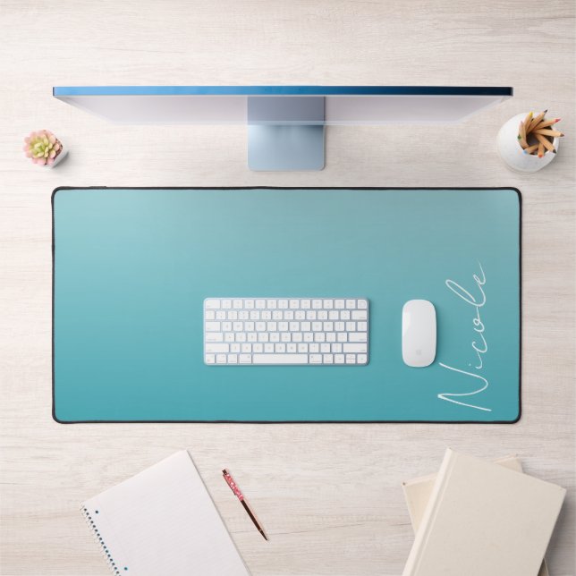 Teal Gradient Handwriting Script Personalized Desk Mat (Office 1)
