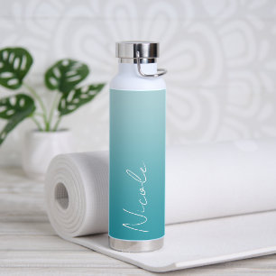 Teal Gradient Handwriting Script Personalized Water Bottle