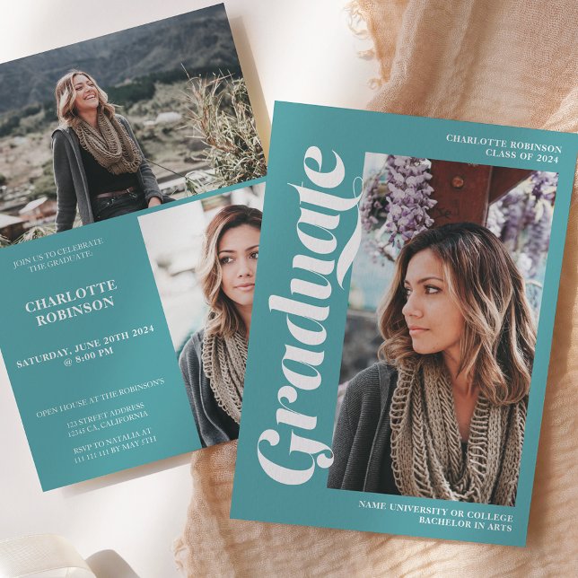 Teal graduate script 3 photo graduation invitation (Teal graduate script 3 photo graduation invitation)