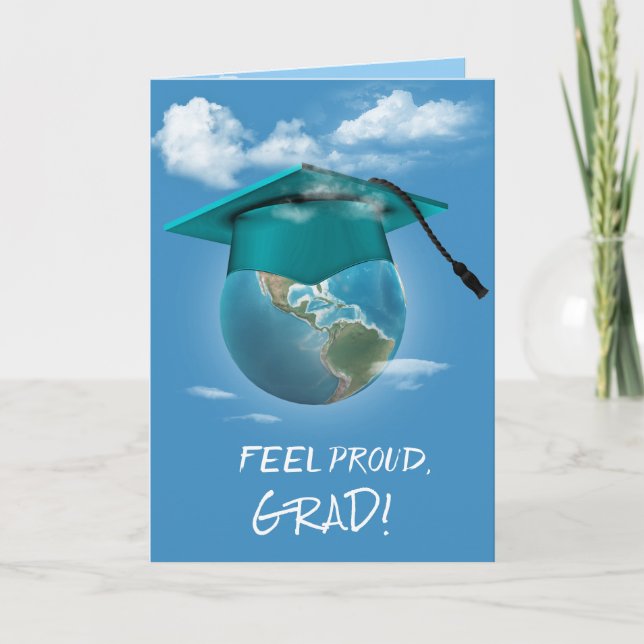 Teal Graduation Cap on Planet Earth Card (Front)
