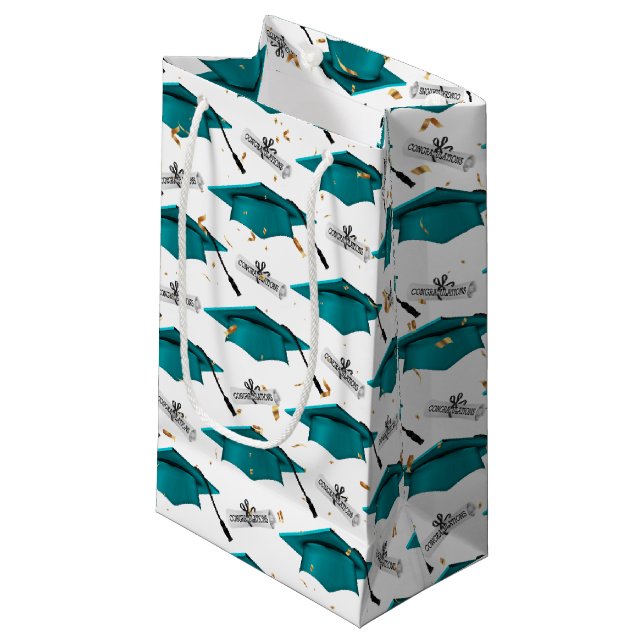Teal Graduation Caps with Diplomas Small Gift Bag (Front Angled)