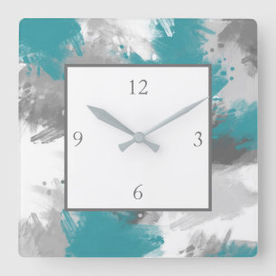 Teal Gray Abstract Brushstrokes Square Wall Clock