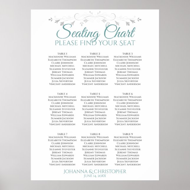 Teal & Gray Elegant 9 Table Wedding Seating Chart (Front)