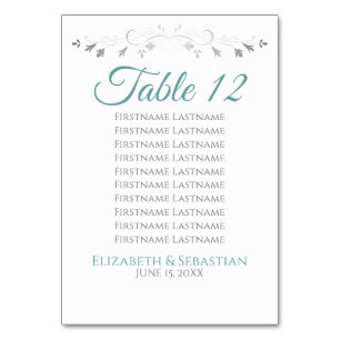 Teal & Gray Elegant Flourish Wedding Seating Chart Table Number
