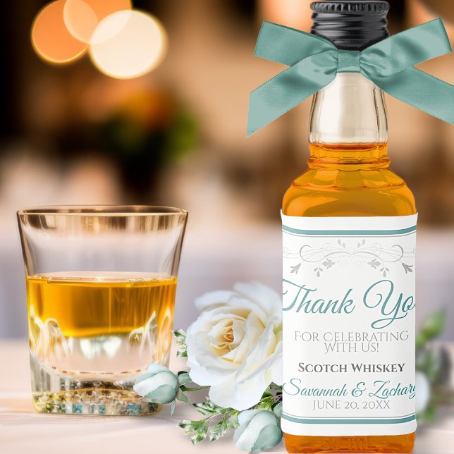 Teal & Gray Elegant Simple Wedding Thank You Mini Liquor Bottle Label (In Situ with Flowers & Glass)