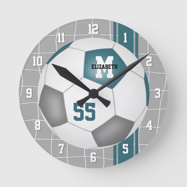teal gray team colors varsity stripes soccer round clock (Front)