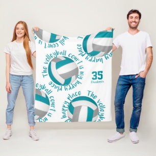 teal gray volleyball court happy place typography fleece blanket