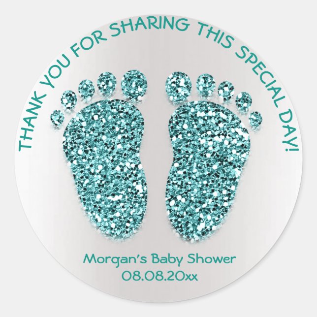 Teal Gree Glitter Feet Baby Shower Favour Thank Yo Classic Round Sticker (Front)