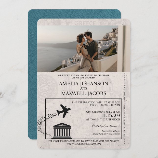 Teal Greece Passport Wedding Invitation (Front/Back)
