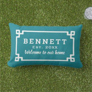 Teal Greek Key Custom Monogram Welcome Lumbar Pillow