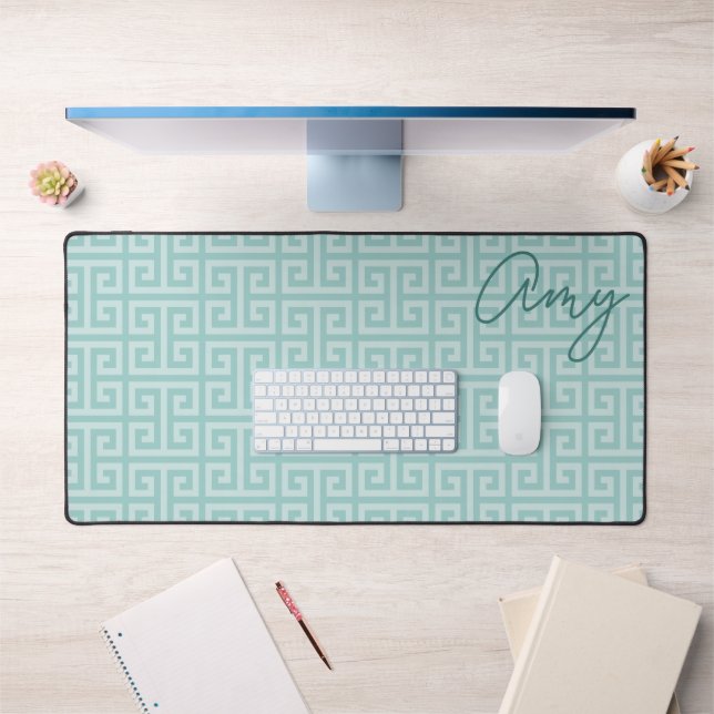 Teal Greek Key Pattern Monoline Name Desk Mat (Office 1)