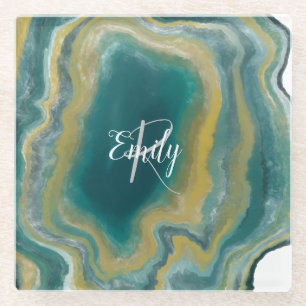 Teal Green Agate Marble Abstract Name Monogram Glass Coaster
