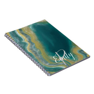 Teal Green Agate Marble Abstract Name Monogram Notebook