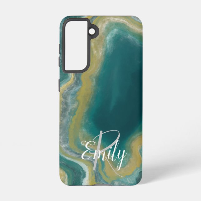 Teal Green Agate Marble Abstract Name Monogram Samsung Galaxy S21 Case (Back)
