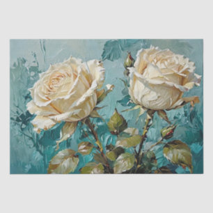 Teal Green and Cream Roses Floral Art Tissue Paper