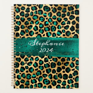 Teal Green and Gold Foil Leopard Brush Stroke Planner
