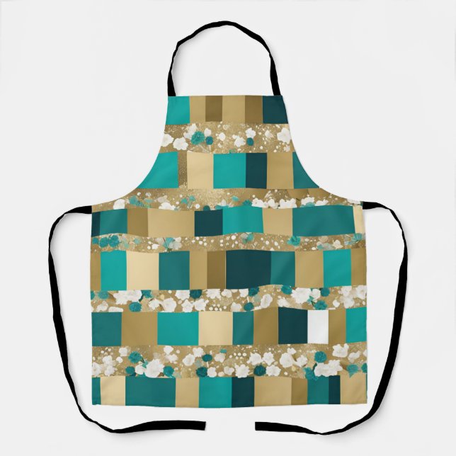 Teal Green And Gold Geometric Pattern With Flowers Apron (Front)