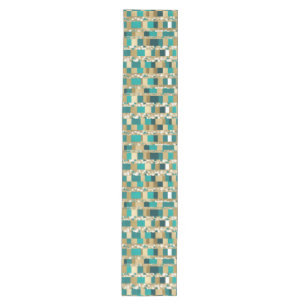Teal Green And Gold Geometric Pattern With Flowers Medium Table Runner