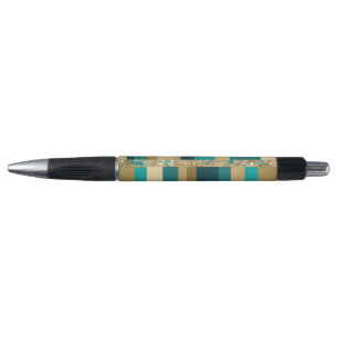 Teal Green And Gold Geometric Pattern With Flowers Pen
