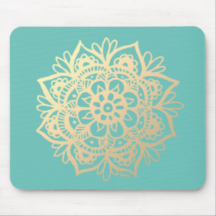 Teal Green and Gold Mandala Flower Mouse Pad