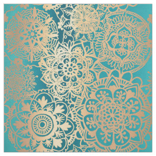 Teal Green and Gold Mandala Pattern Fabric