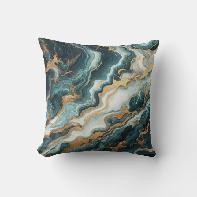 Teal Green And Gold Marble Throw Pillow (Front)