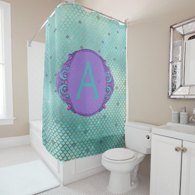 Teal Green and Purple Mermaid Scales Monogram (In Situ)
