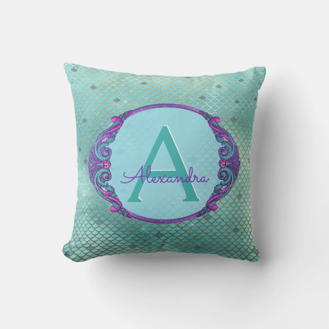 Teal Green and Purple Mermaid Scales Monogram Throw Pillow (Front)