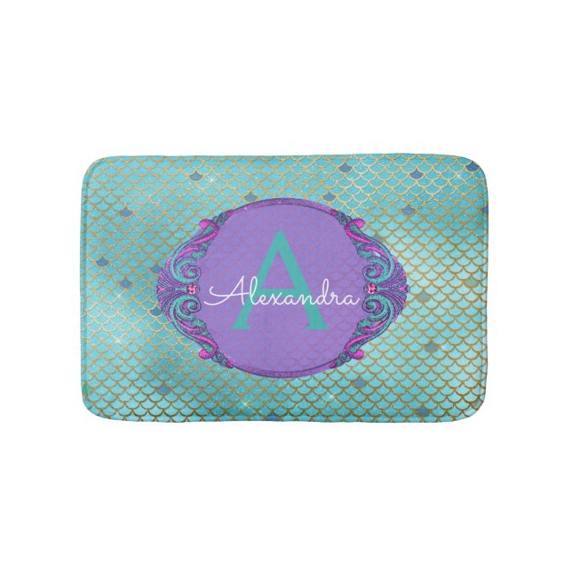 Teal Green and Purple Mermaid Scales Monogrammed Bath Mat (Front)