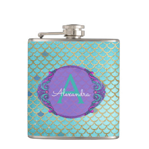 Teal Green and Purple Mermaid Scales Monogrammed Hip Flask