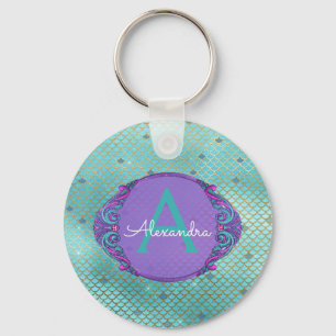 Teal Green and Purple Mermaid Scales Monogrammed Keychain