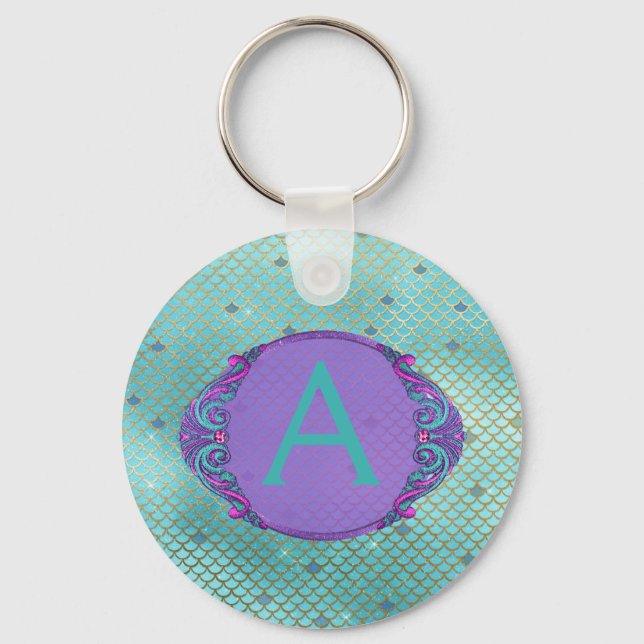 Teal Green and Purple Mermaid Scales Monogrammed Keychain (Front)