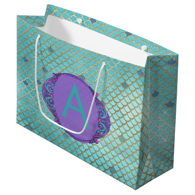 Teal Green and Purple Mermaid Scales Monogrammed Large Gift Bag (Front Angled)