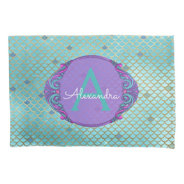 Teal Green and Purple Mermaid Scales Monogrammed Pillowcase (Front)