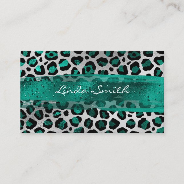 Teal Green and Silver Foil Leopard Brush Stroke Business Card (Front)