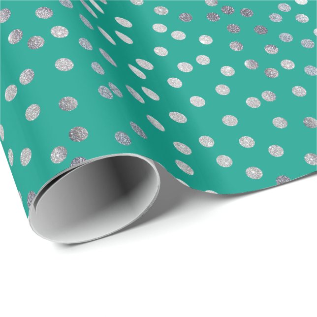 Teal Green and Silver Glitter City Dots Wrapping Paper (Roll Corner)