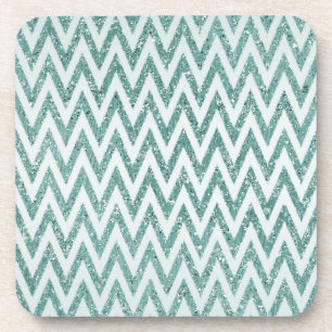 Teal Green and White Faux Glitter Zigzag Coaster