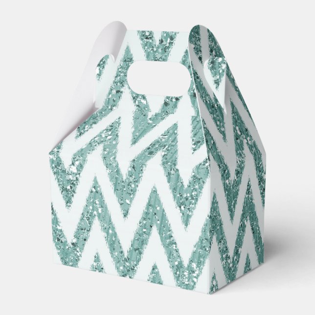 Teal Green and White Faux Glitter Zigzag Favor Box (Back Side)
